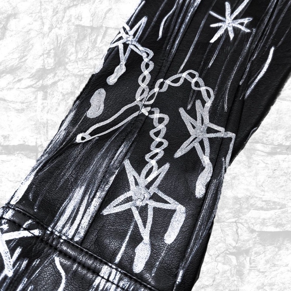Black Faux Leather Hand-Painted Biker Jacket with White Graphic Art - Picture 3 of 3